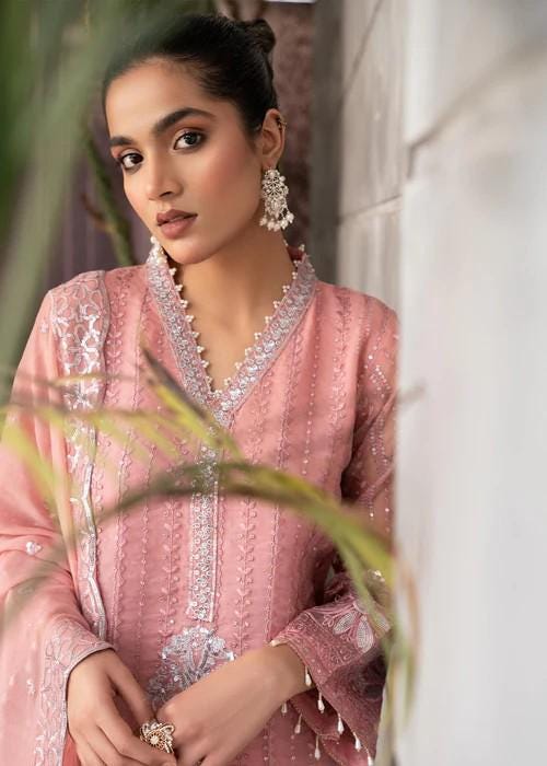 3 piece - Embroidered Organza Suit with Chiffon Dupatta - Sequins Embroidery