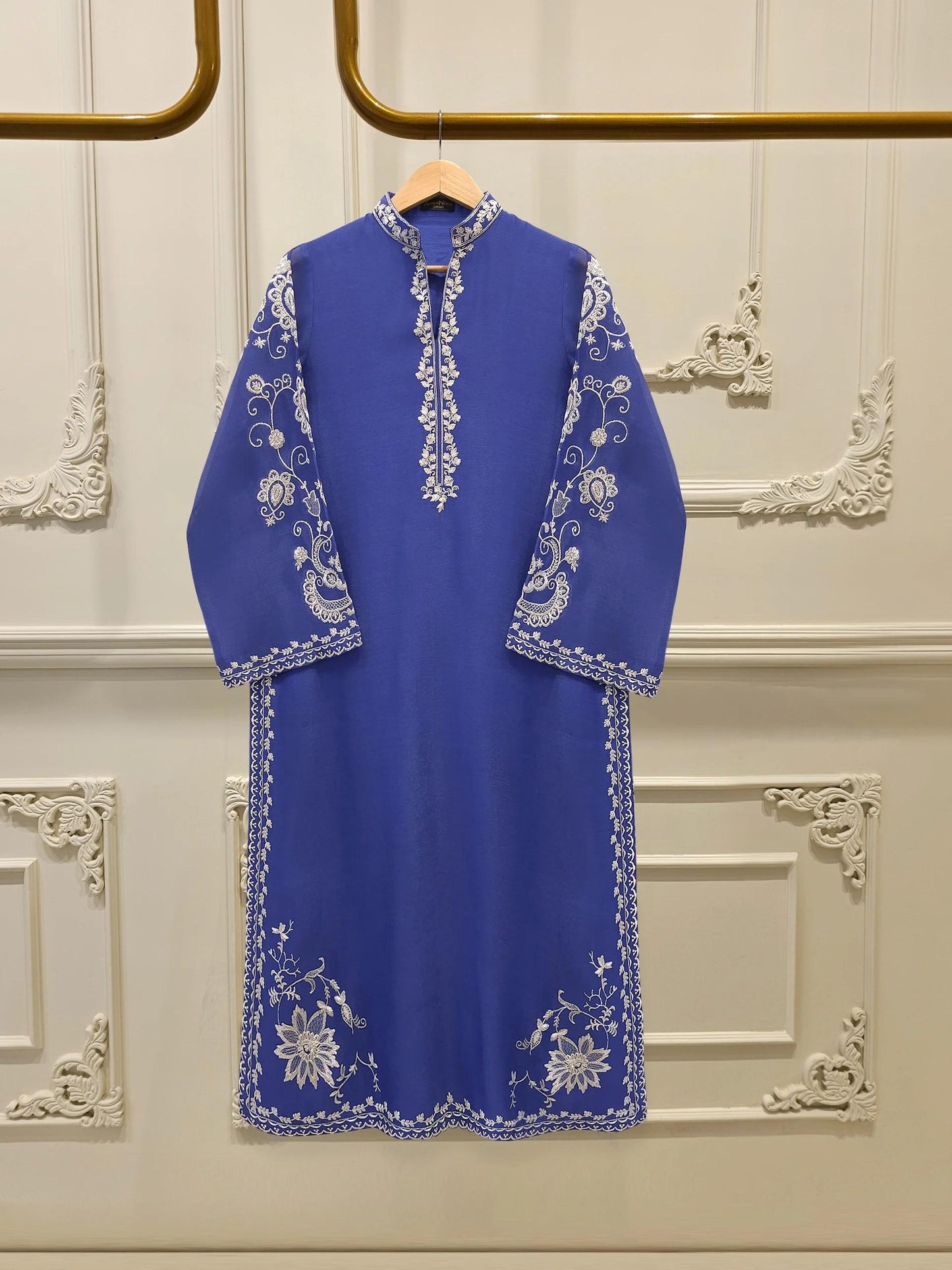 Agha Noor 3 Piece Embroidered Suit - Blue - Raw Silk Pants