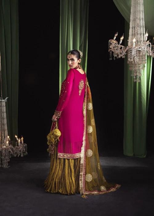 Heavily Embroidered Chiffon and Silk Gharara - Matching Potli bag - Magenta & Gold