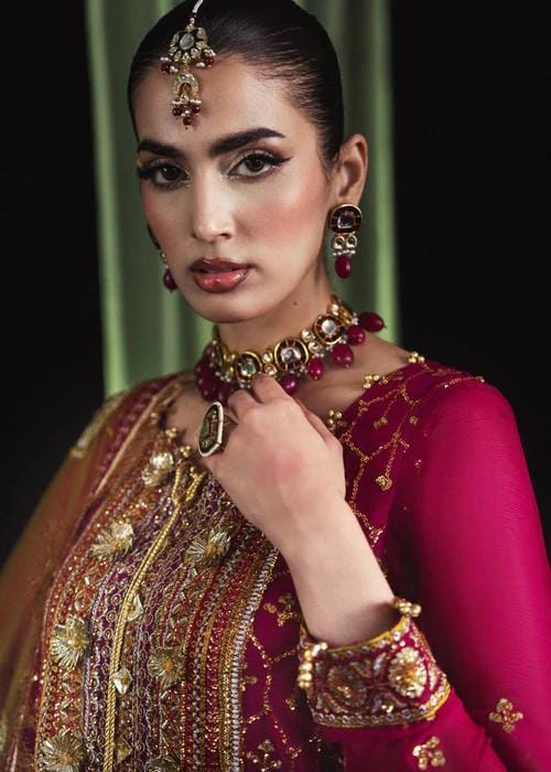 Heavily Embroidered Chiffon and Silk Gharara - Matching Potli bag - Magenta & Gold
