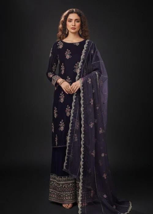 XL Embroidered Purple Velvet Palazzo Suit - 3 Piece - Organza Dupatta