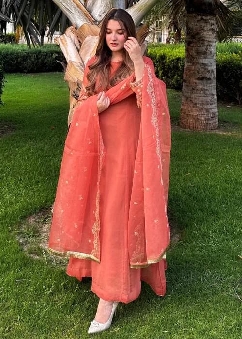 Embroidered Chiffon Suit - Coral Orange - Organza Dupatta