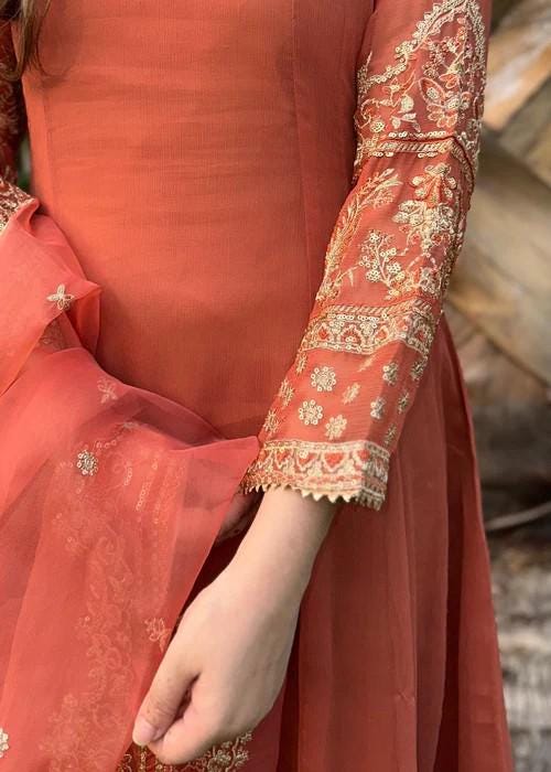 Embroidered Chiffon Suit - Coral Orange - Organza Dupatta
