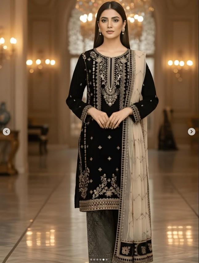 Embroidered Velvet Suit With Jamawar / Brocade Pants and Dupatta - Black
