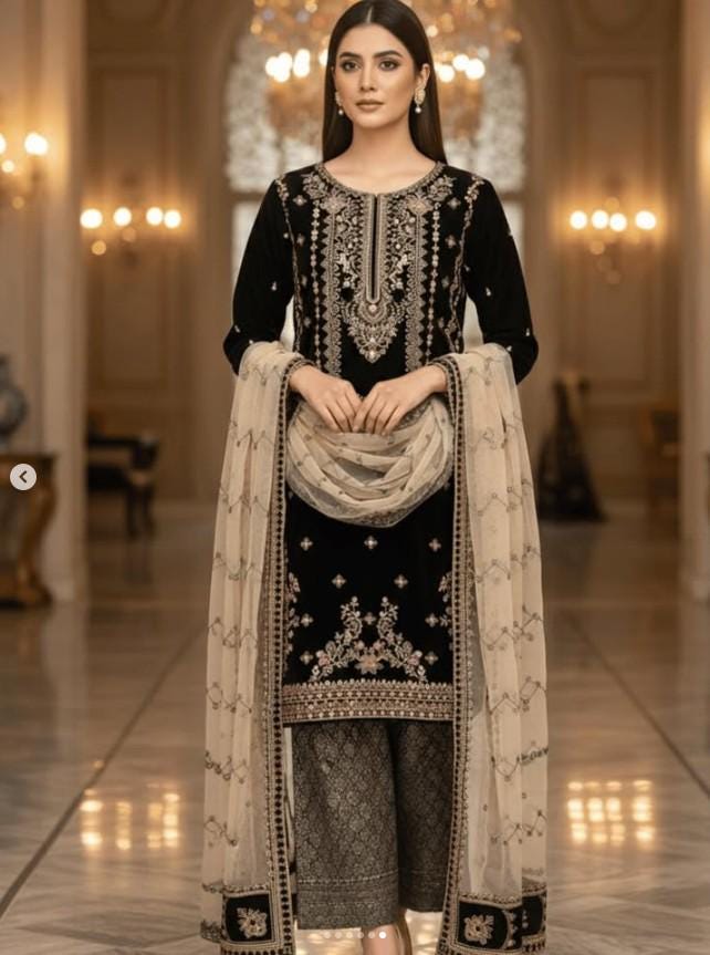 Embroidered Velvet Suit With Jamawar / Brocade Pants and Dupatta - Black