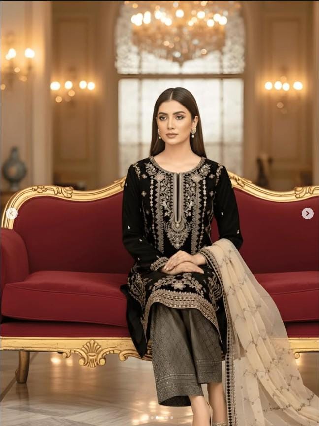 Embroidered Velvet Suit With Jamawar / Brocade Pants and Dupatta - Black