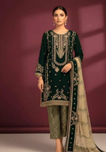 Embroidered Velvet Suit With Jamawar / Brocade Pants and Dupatta - Green