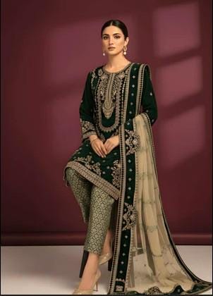 Embroidered Velvet Suit With Jamawar / Brocade Pants and Dupatta - Green