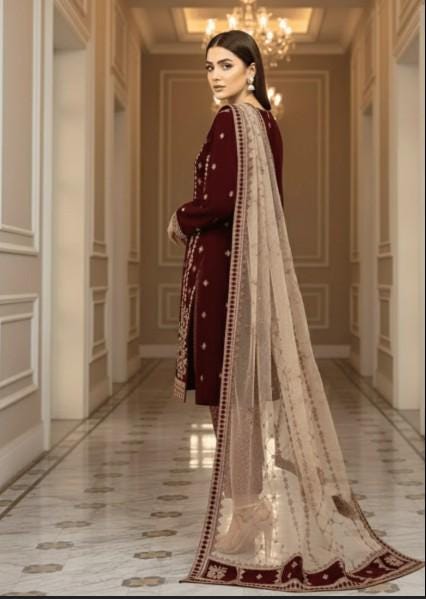 Embroidered Velvet Suit With Jamawar / Brocade Pants and Dupatta - Maroon