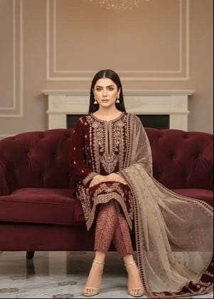 Embroidered Velvet Suit With Jamawar / Brocade Pants and Dupatta - Maroon