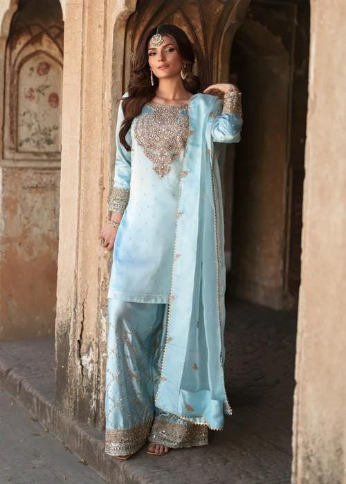 4 Piece - Embroidered Charmeuse Silk Farshi Shalwar Suit - Organza Dupatta - Potli Bag