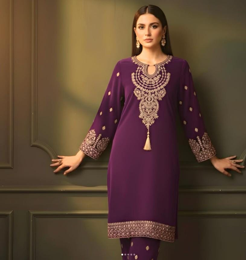 Embroidered Purple Velvet Suit - 2 Piece