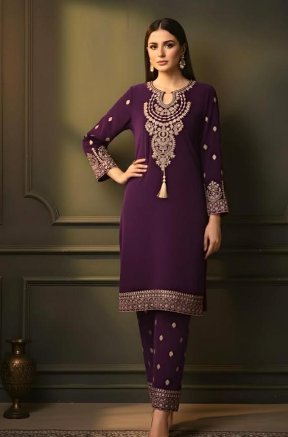Embroidered Purple Velvet Suit - 2 Piece