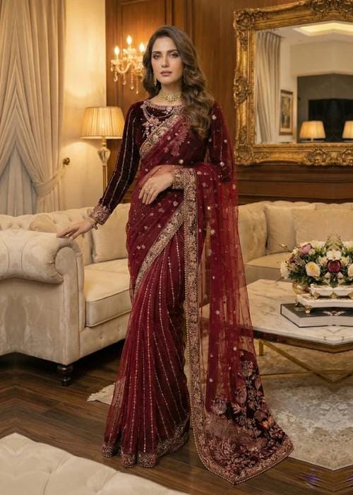 Embroidered Velvet Ready Made Designer Saree - Maroon - 3 Piece - Saree, Raw Silk Petticoat and Velvet Blouse