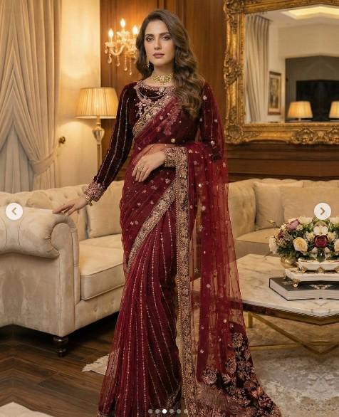 Embroidered Velvet Ready Made Designer Saree - Maroon - 3 Piece - Saree, Raw Silk Petticoat and Velvet Blouse