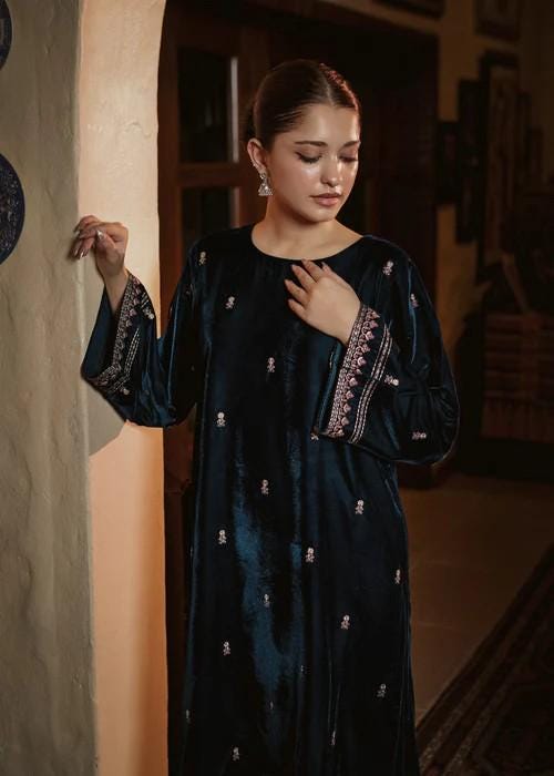 Embroidered Velvet Kurta Set - 2 Piece Designer Wear - Teal Color
