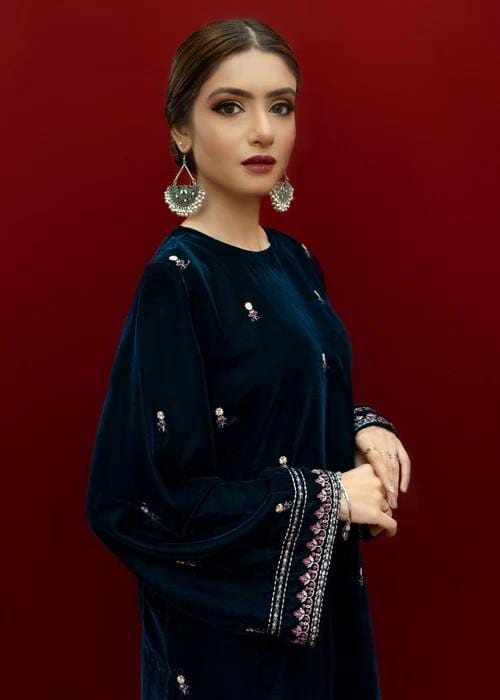 Embroidered Velvet Kurta Set - 2 Piece Designer Wear - Teal Color