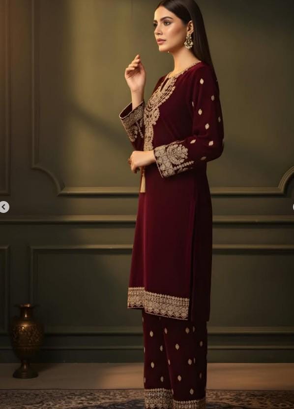 Embroidered Maroon Velvet Suit - 2 Piece