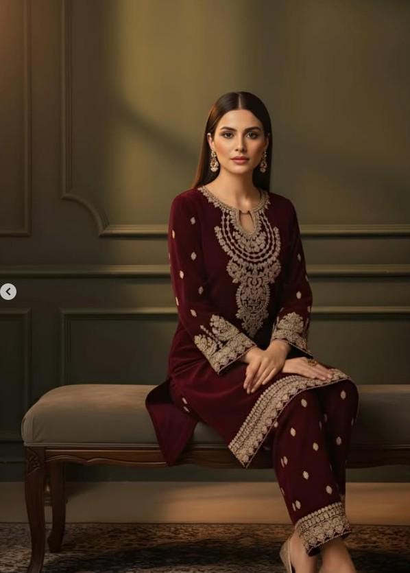 Embroidered Maroon Velvet Suit - 2 Piece