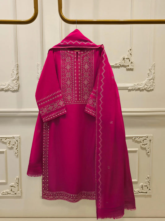 Agha Noor 3 Piece Embroidered Kora Cotton Silk Suit Size (Large) - Chest 44"