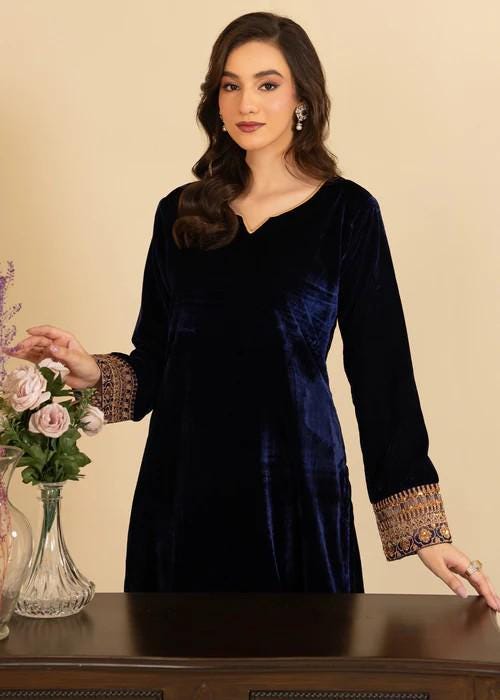 Embroidered Velvet Kurta Set - 2 Piece Designer Wear - Navy Blue