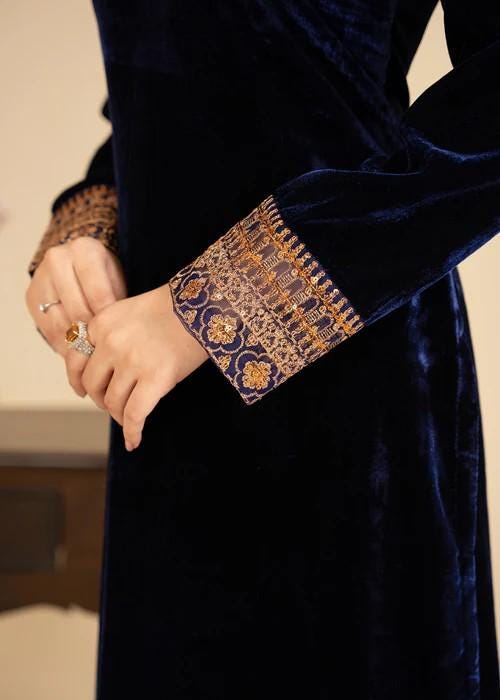 Embroidered Velvet Kurta Set - 2 Piece Designer Wear - Navy Blue