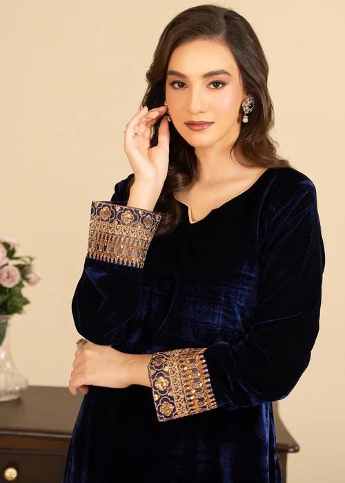 Embroidered Velvet Kurta Set - 2 Piece Designer Wear - Navy Blue