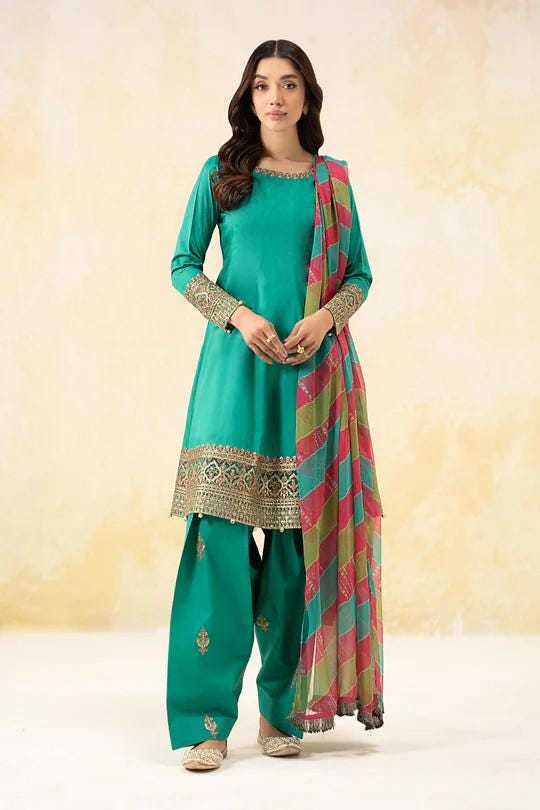 Maria.B - 3 Piece Embroidered Self Jacquard Lawn Suit - Size XL - Chiffon Tye Dye Dupatta