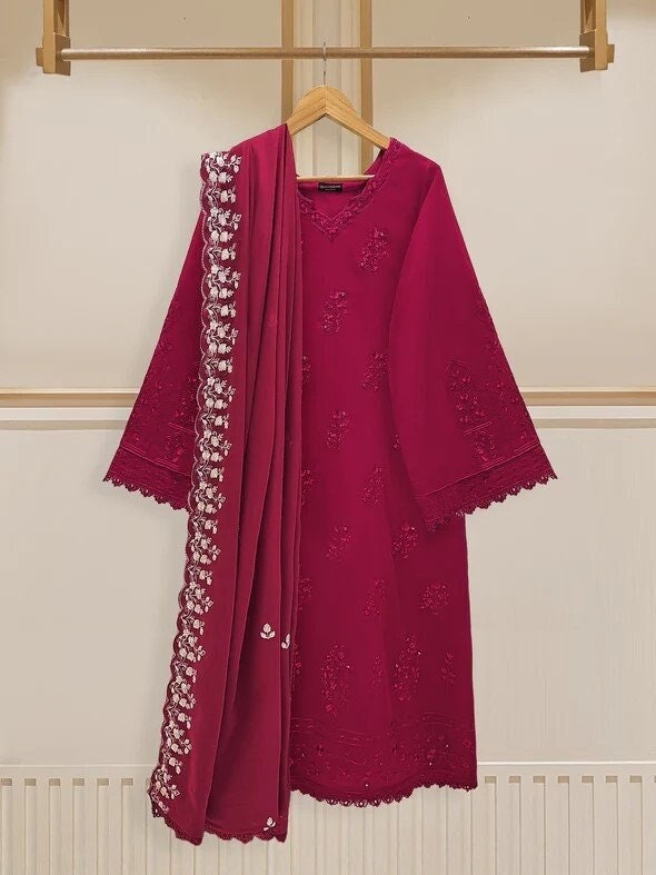 Agha Noor 3 piece - Embroidered Swiss Voile Suit - Maroon- Size XL