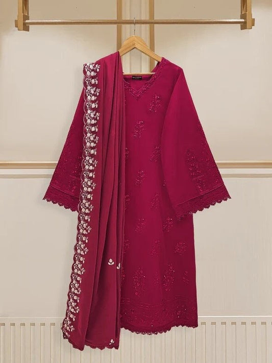 Agha Noor 3 piece - Embroidered Swiss Voile Suit - Maroon- Size XL