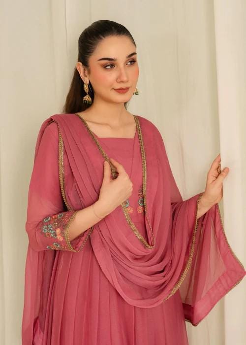 3 Piece Embroidered Chiffon Anarkali Maxi Dress - Pink