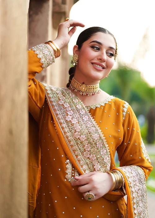 Embroidered Chiffon and Raw Silk Shalwar Suit - Mustard