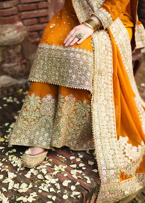 Embroidered Chiffon and Raw Silk Shalwar Suit - Mustard
