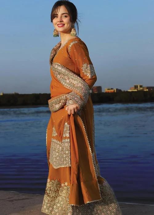Embroidered Chiffon and Raw Silk Shalwar Suit - Mustard