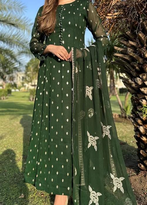 Embroidered Chiffon Anarkali Maxi Dress - Bottle Green - 3- Piece