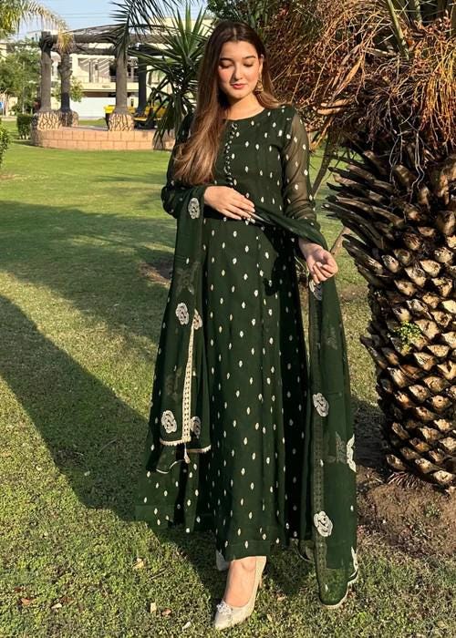 Embroidered Chiffon Anarkali Maxi Dress - Bottle Green - 3- Piece