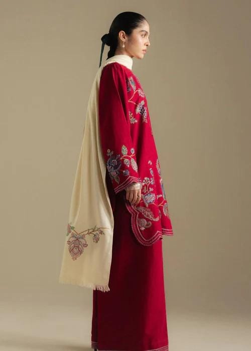 3 Piece Embroidered Linen Palazzo Suit - Crimson red