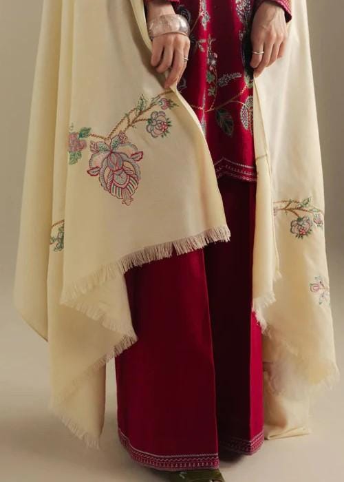 3 Piece Embroidered Linen Palazzo Suit - Crimson red