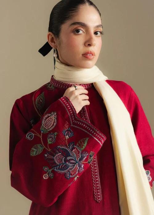 3 Piece Embroidered Linen Palazzo Suit - Crimson red