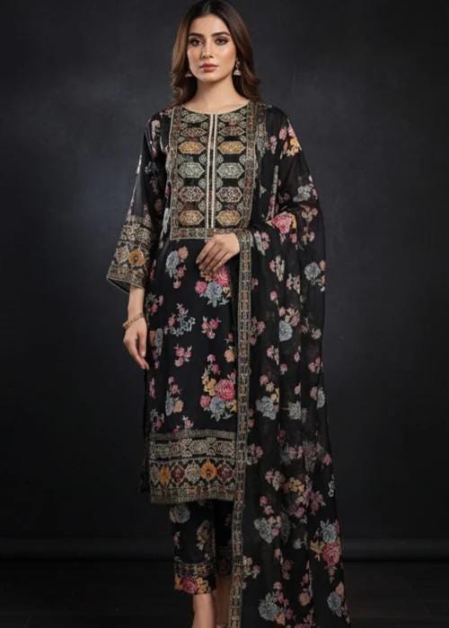 3 Piece Embroidered Charmeuse Silk Suit - Chiffon Dupatta - Black