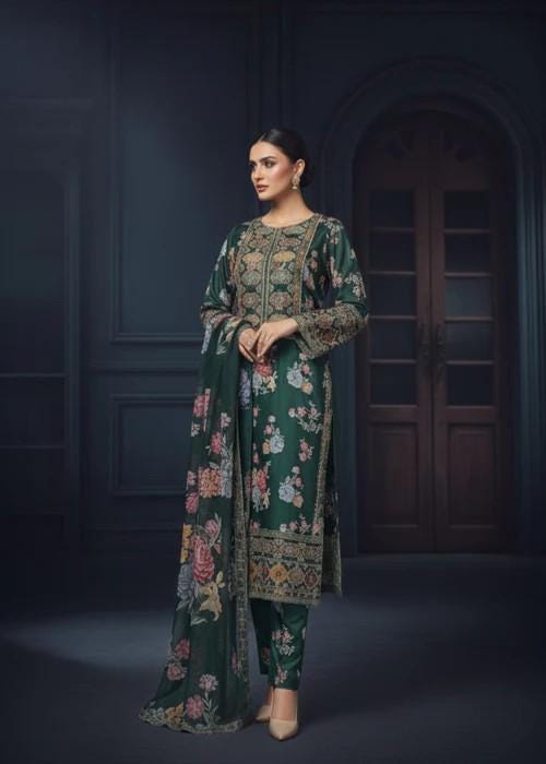 3 Piece Embroidered Charmeuse Silk Suit - Chiffon Dupatta - Green
