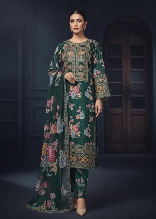 3 Piece Embroidered Charmeuse Silk Suit - Chiffon Dupatta - Green