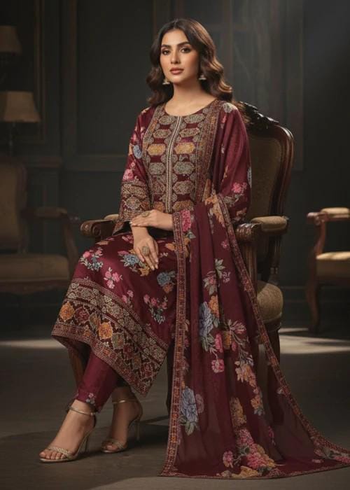3 Piece Embroidered Charmeuse Silk Suit - Chiffon Dupatta - Maroon