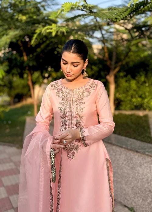 3 Piece Embroidered Farshi Shalwar Silk Suit - Chiffon Dupatta