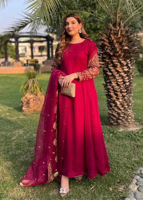 Embroidered Chiffon Suit - Hot Pink Maxi/Anarkali - Organza Dupatta