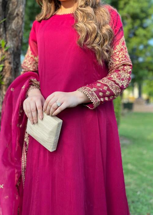 Embroidered Chiffon Suit - Hot Pink Maxi/Anarkali - Organza Dupatta