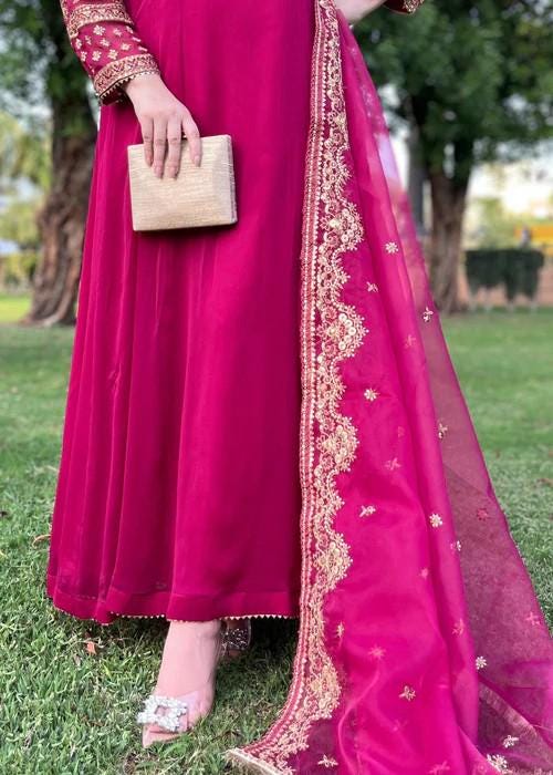 Embroidered Chiffon Suit - Hot Pink Maxi/Anarkali - Organza Dupatta
