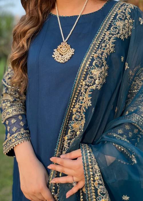 Embroidered Chiffon Suit - Blue Maxi/Anarkali - Organza Dupatta