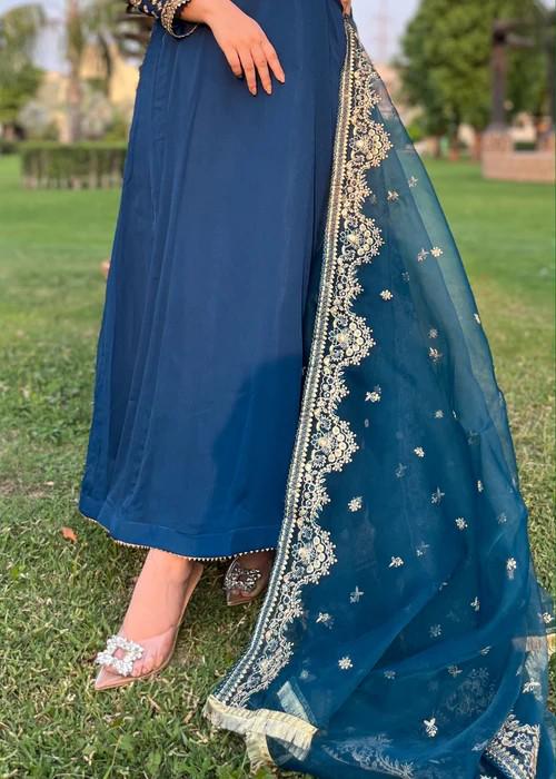 Embroidered Chiffon Suit - Blue Maxi/Anarkali - Organza Dupatta