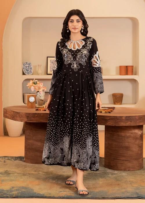 Cotton Frock/ Pishwas with Sequins Embroidery - Black